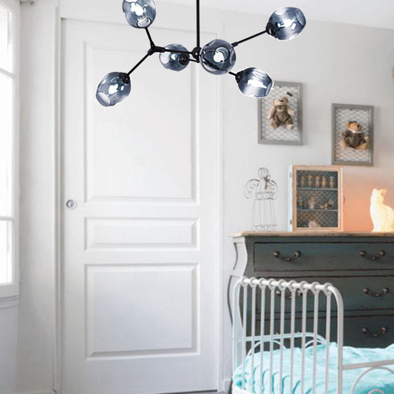 Black Branch Chandelier Modern Nordic Style 6/8/9 Lights Amber/Blue/Clear Glass Ceiling Light with Adjustable Arm 6 Blue Clearhalo 'Ceiling Lights' 'Chandeliers' 'Clear' 'Glass shade' 'Glass' 'Industrial' 'Modern Chandeliers' 'Modern' 'Tiffany' 'Traditional Chandeliers' Lighting' 171396