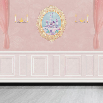 Whole House Interior Wall Mural Cartoon Drawing Candlestick and Drapes Wall Art in Pink Pink Clearhalo 'Wall Decor' 'Wall Mural' 1713979