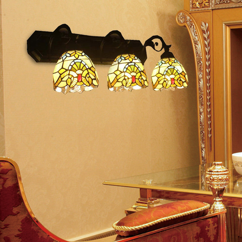 Stained Glass Dome Wall Lighting with Curved/Meimaid Decoration Victorian Style 3 Lights Sconce Lamp in Black Clearhalo 'Industrial' 'Middle century wall lights' 'Tiffany wall lights' 'Tiffany' 'Wall Lamps & Sconces' 'Wall Lights' Lighting' 171401