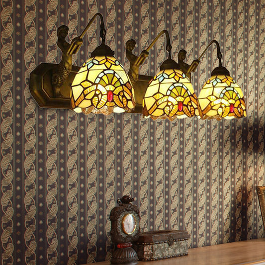 Stained Glass Dome Wall Lighting with Curved/Meimaid Decoration Victorian Style 3 Lights Sconce Lamp in Black Clearhalo 'Industrial' 'Middle century wall lights' 'Tiffany wall lights' 'Tiffany' 'Wall Lamps & Sconces' 'Wall Lights' Lighting' 171405
