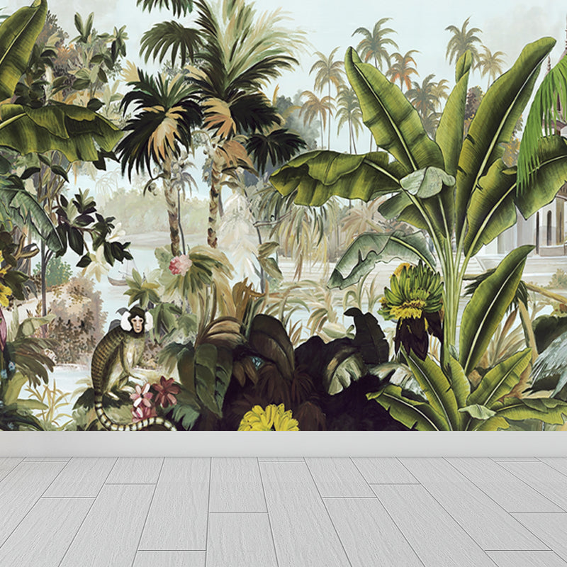 Lush Trees and Leaves Mural Decal for Dining Forest Landscape Wall Art, Personalized Blackish Green Clearhalo 'Wall Decor' 'Wall Mural' 1714314