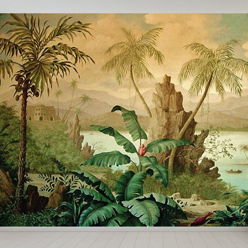 Lush Trees and Leaves Mural Decal for Dining Forest Landscape Wall Art, Personalized Light Yellow Clearhalo 'Wall Decor' 'Wall Mural' 1714329