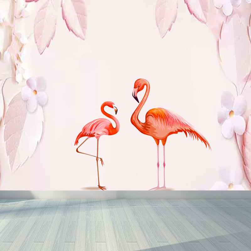 Pastel Color Flamingos Wall Mural Moisture-Proofing Tropical Bathroom Wall Covering Pink Clearhalo 'Wall Decor' 'Wall Mural' 1714339