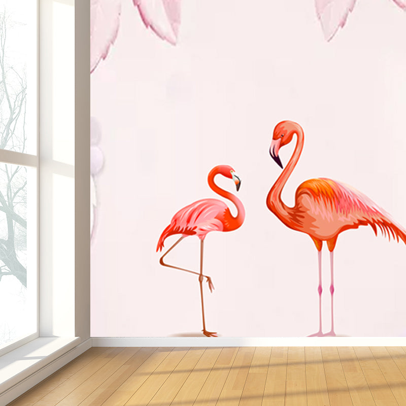Pastel Color Flamingos Wall Mural Moisture-Proofing Tropical Bathroom Wall Covering Clearhalo 'Wall Decor' 'Wall Mural' 1714341