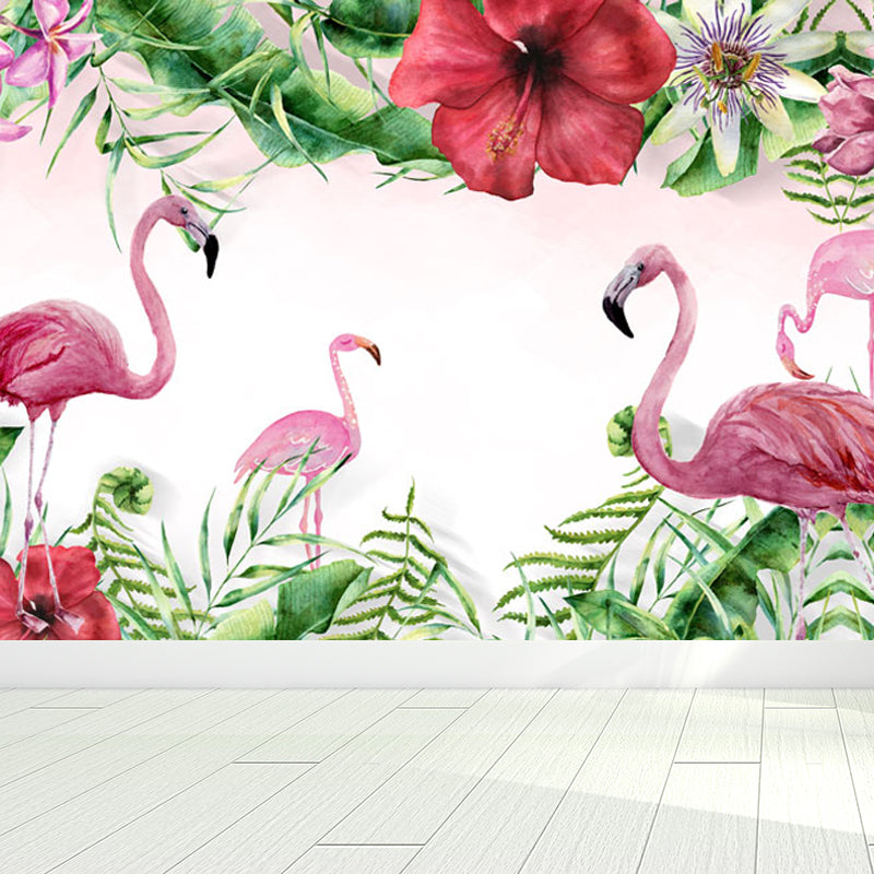 Pastel Color Flamingos Wall Mural Moisture-Proofing Tropical Bathroom Wall Covering Green Clearhalo 'Wall Decor' 'Wall Mural' 1714344