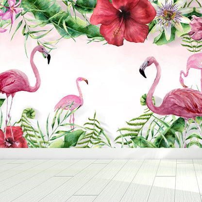 Pastel Color Flamingos Wall Mural Moisture-Proofing Tropical Bathroom Wall Covering Green Clearhalo 'Wall Decor' 'Wall Mural' 1714344