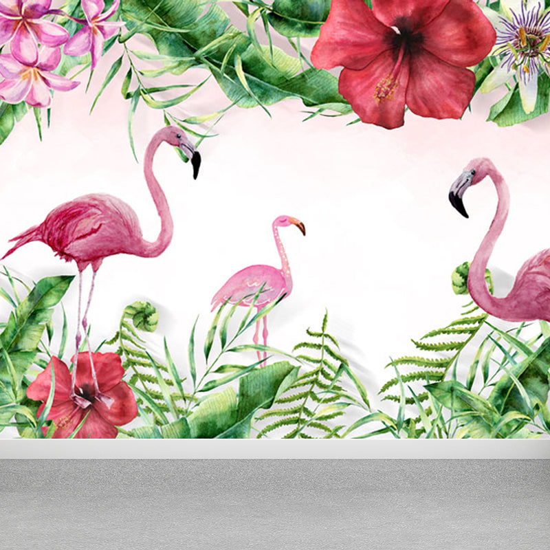 Pastel Color Flamingos Wall Mural Moisture-Proofing Tropical Bathroom Wall Covering Clearhalo 'Wall Decor' 'Wall Mural' 1714345