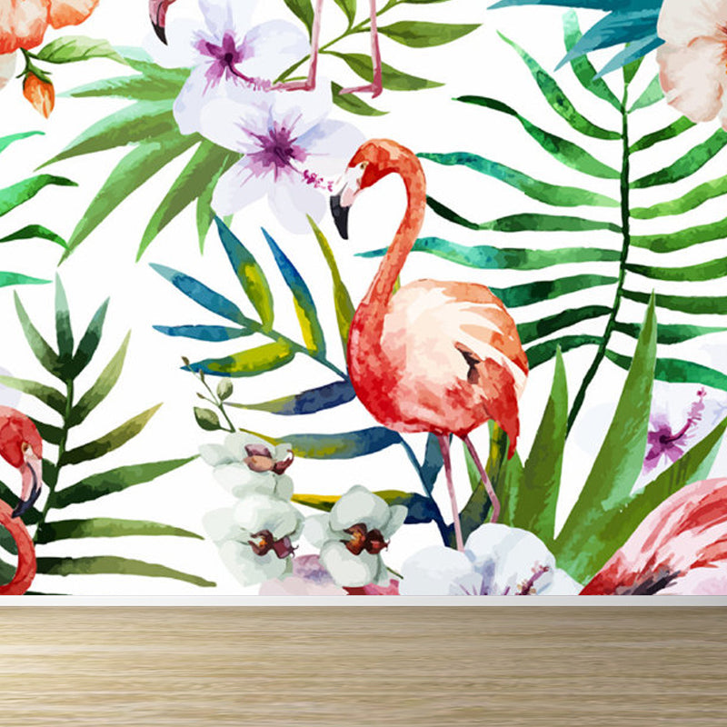 Pastel Color Flamingos Wall Mural Moisture-Proofing Tropical Bathroom Wall Covering Orange Clearhalo 'Wall Decor' 'Wall Mural' 1714349
