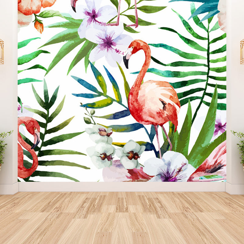 Pastel Color Flamingos Wall Mural Moisture-Proofing Tropical Bathroom Wall Covering Clearhalo 'Wall Decor' 'Wall Mural' 1714350