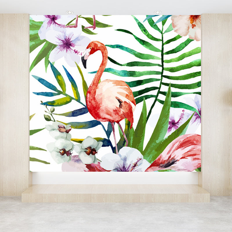 Pastel Color Flamingos Wall Mural Moisture-Proofing Tropical Bathroom Wall Covering Clearhalo 'Wall Decor' 'Wall Mural' 1714351