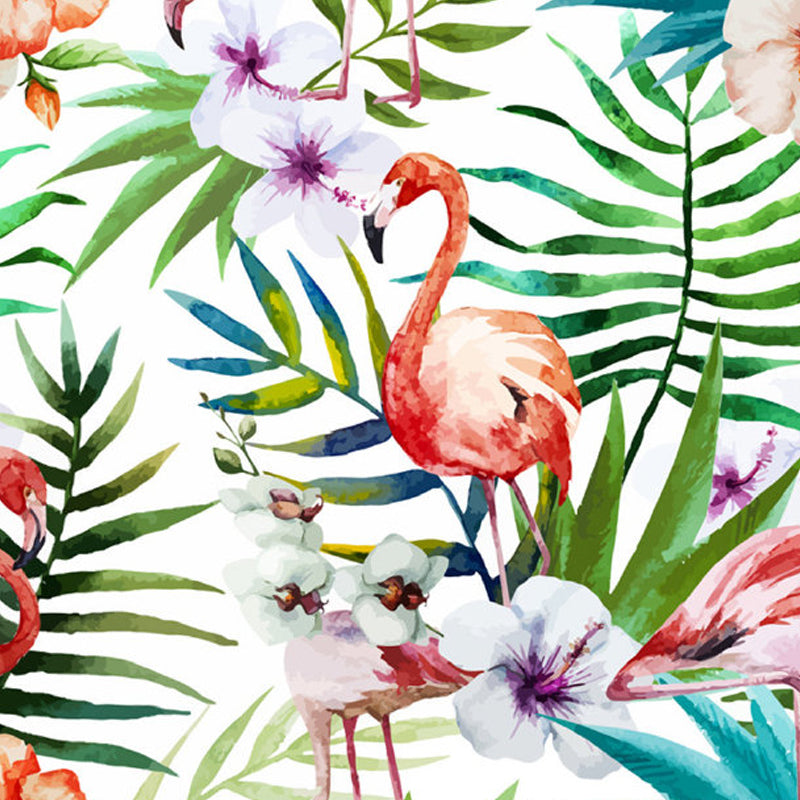 Pastel Color Flamingos Wall Mural Moisture-Proofing Tropical Bathroom Wall Covering Clearhalo 'Wall Decor' 'Wall Mural' 1714352