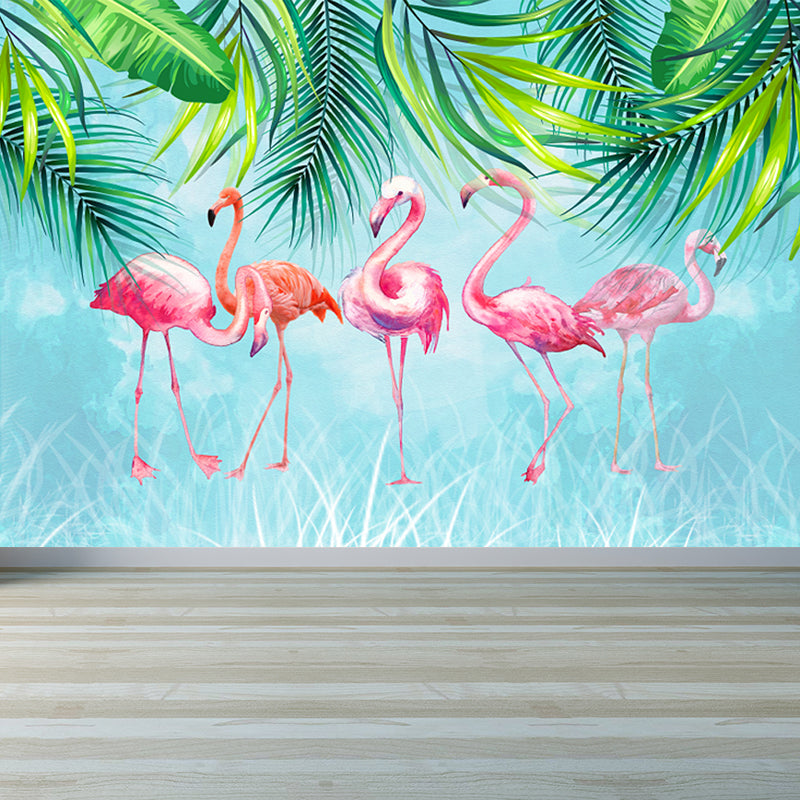 Pastel Color Flamingos Wall Mural Moisture-Proofing Tropical Bathroom Wall Covering Blue Clearhalo 'Wall Decor' 'Wall Mural' 1714354
