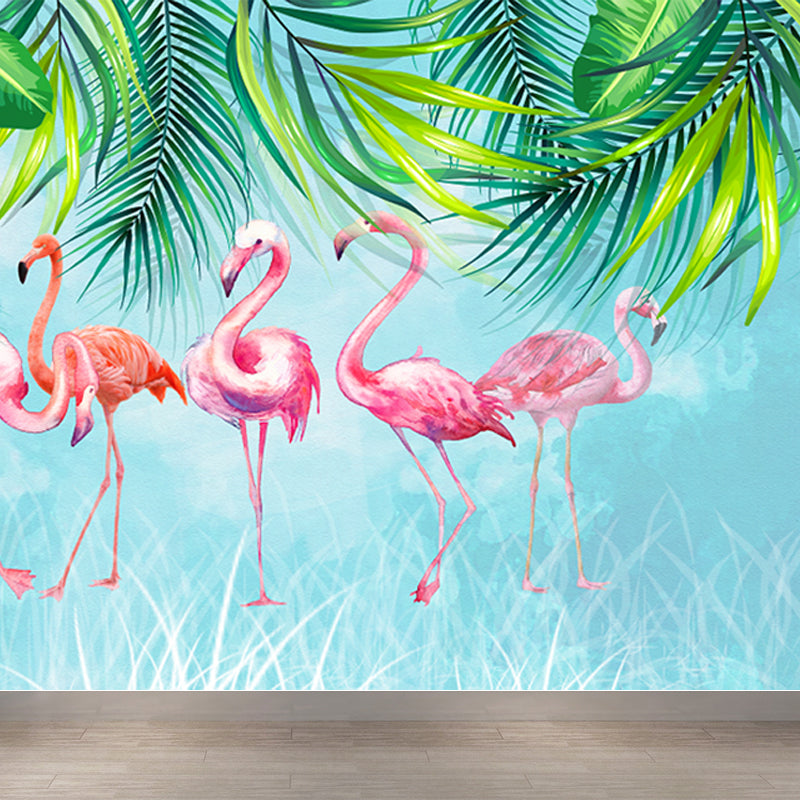 Pastel Color Flamingos Wall Mural Moisture-Proofing Tropical Bathroom Wall Covering Clearhalo 'Wall Decor' 'Wall Mural' 1714356