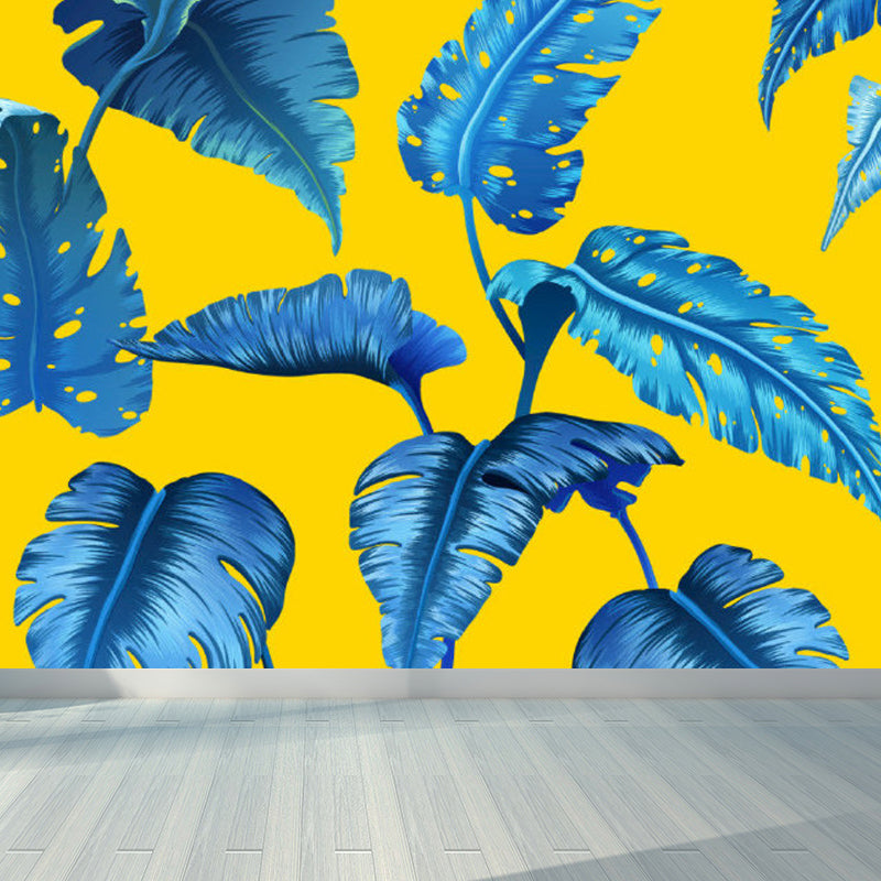 Soft Color Tropical Mural Wallpaper Big Botanical Leaves Wall Covering for Playroom Blue Clearhalo 'Wall Decor' 'Wall Mural' 1714399