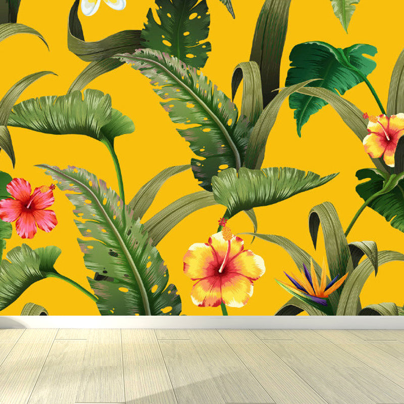 Soft Color Tropical Mural Wallpaper Big Botanical Leaves Wall Covering for Playroom Yellow Clearhalo 'Wall Decor' 'Wall Mural' 1714404