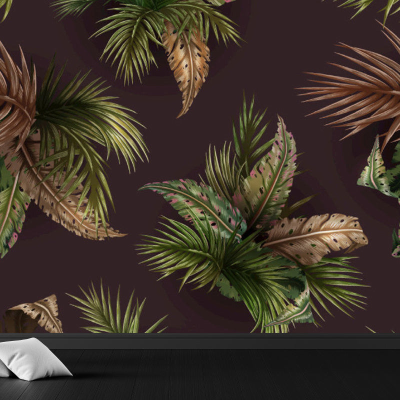 Soft Color Tropical Mural Wallpaper Big Botanical Leaves Wall Covering for Playroom Brown Clearhalo 'Wall Decor' 'Wall Mural' 1714409