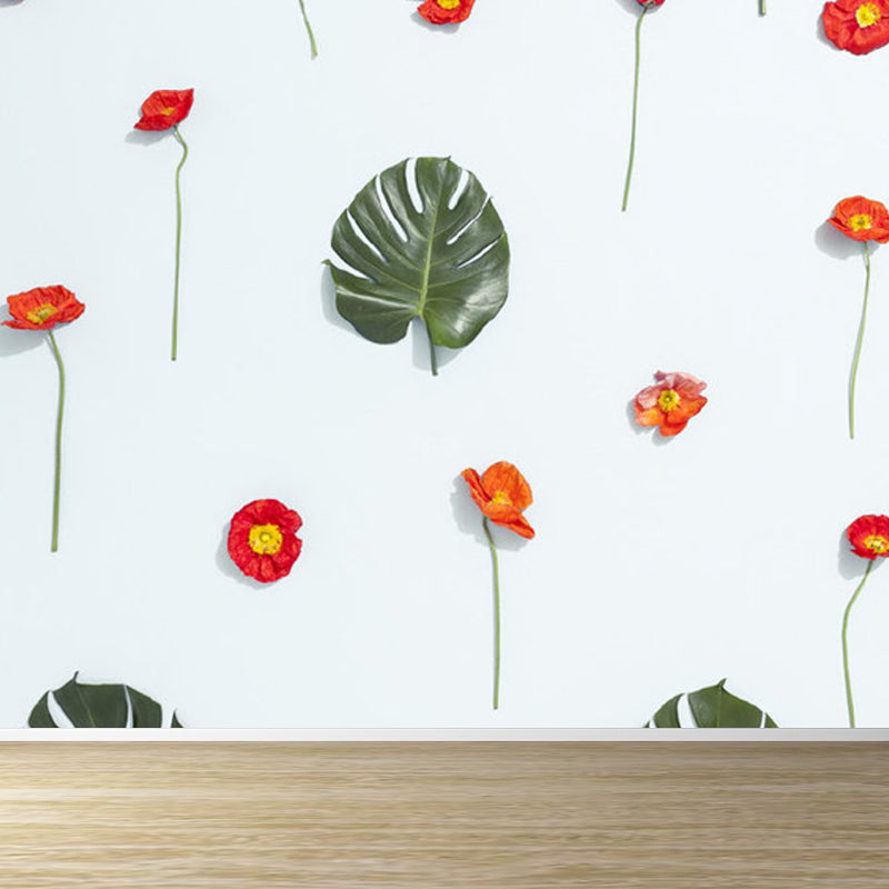 Pastel Color Tropical Wall Mural Great Leaves Pattern Wall Covering for Guest Room Blue Clearhalo 'Wall Decor' 'Wall Mural' 1714414