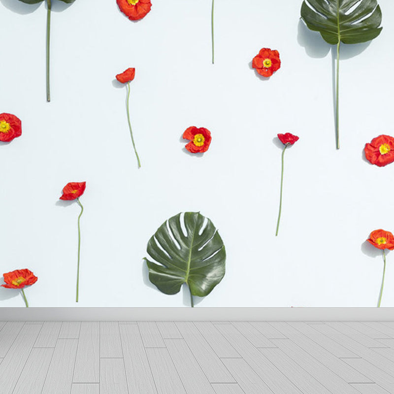 Pastel Color Tropical Wall Mural Great Leaves Pattern Wall Covering for Guest Room Clearhalo 'Wall Decor' 'Wall Mural' 1714415