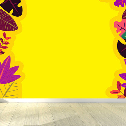 Pastel Color Tropical Wall Mural Great Leaves Pattern Wall Covering for Guest Room Yellow Clearhalo 'Wall Decor' 'Wall Mural' 1714424