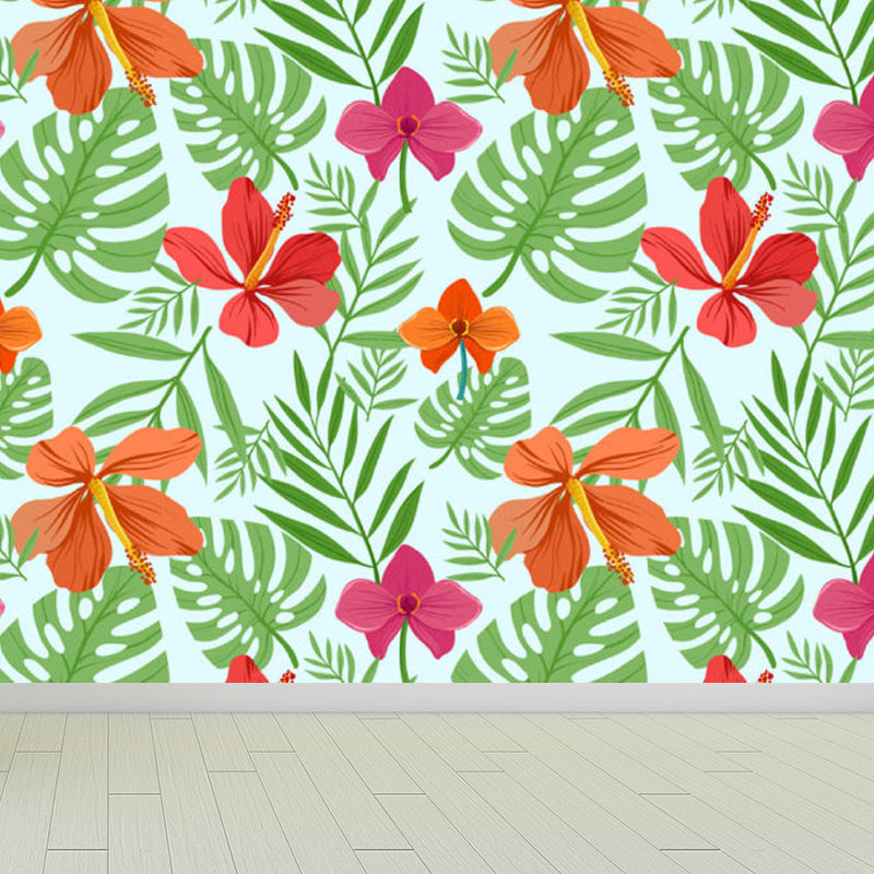 Leaves Pattern Mural Decal Tropical Decorative Kitchen Wall Covering, Made to Measure Red Clearhalo 'Wall Decor' 'Wall Mural' 1714454