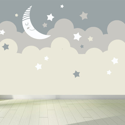 Beige Cartoon Wallpaper Mural Large Crescent and Starry Sky Wall Covering for Room Beige Clearhalo 'Wall Decor' 'Wall Mural' 1714544