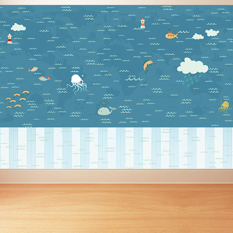 Large Nautical Mural Cartoon Imaginative Sea Life in the Sky Wall Covering in Soft Color Blue Clearhalo 'Wall Decor' 'Wall Mural' 1714574