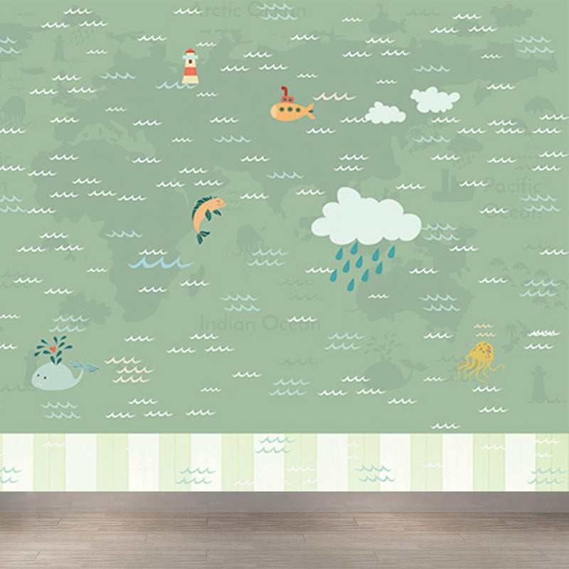 Large Nautical Mural Cartoon Imaginative Sea Life in the Sky Wall Covering in Soft Color Green Clearhalo 'Wall Decor' 'Wall Mural' 1714579