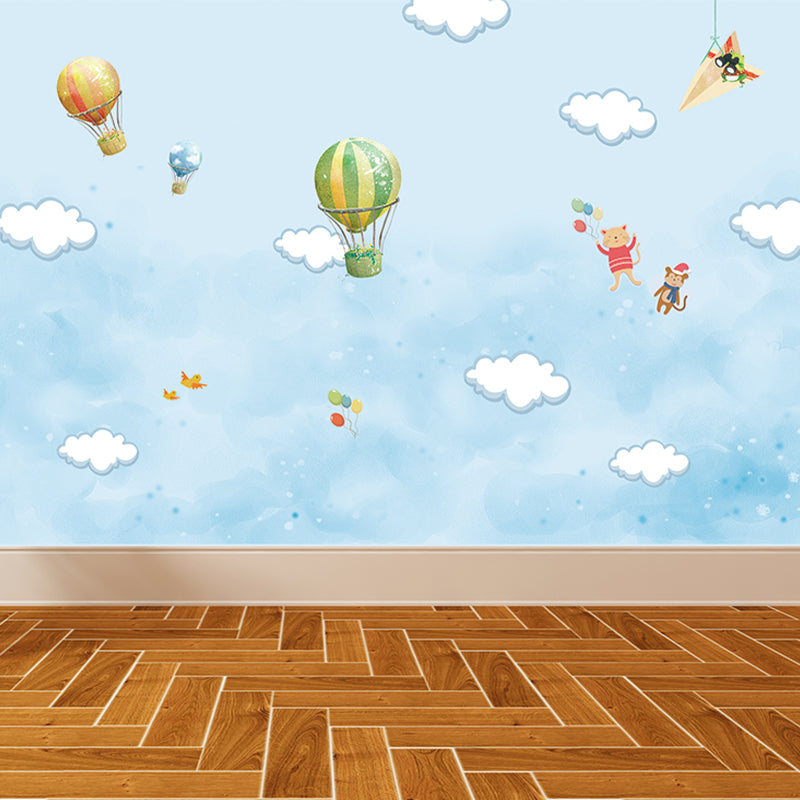 Blue Cartoon Wall Mural Whole Sky with Hot Air Balloon Drawing Wall Covering for Accent Wall Blue Clearhalo 'Wall Decor' 'Wall Mural' 1714614