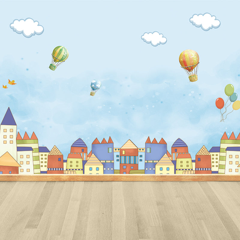 Balloon and Houses Print Mural Childrens Art Non-Woven Material Wall Decor in Blue Blue Clearhalo 'Wall Decor' 'Wall Mural' 1714619