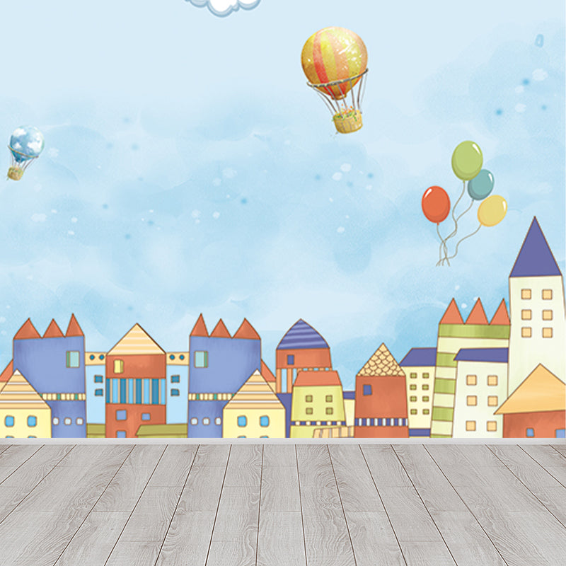 Balloon and Houses Print Mural Childrens Art Non-Woven Material Wall Decor in Blue Clearhalo 'Wall Decor' 'Wall Mural' 1714620