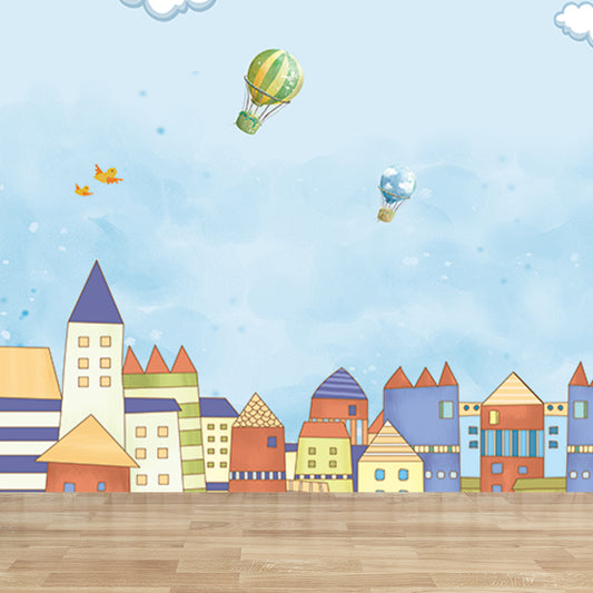 Balloon and Houses Print Mural Childrens Art Non-Woven Material Wall Decor in Blue Clearhalo 'Wall Decor' 'Wall Mural' 1714621
