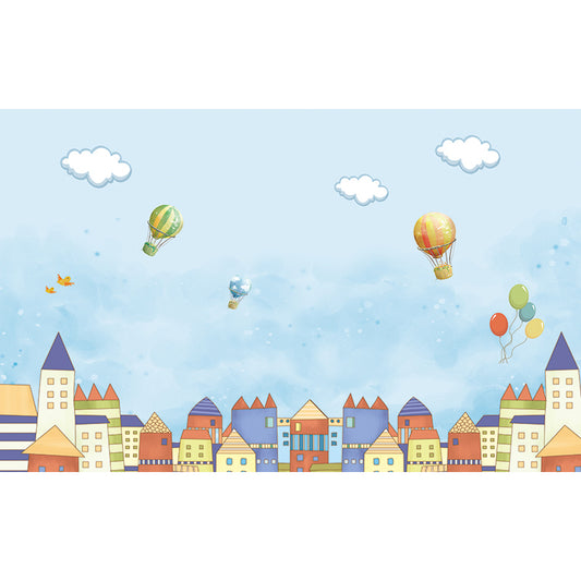 Balloon and Houses Print Mural Childrens Art Non-Woven Material Wall Decor in Blue Clearhalo 'Wall Decor' 'Wall Mural' 1714622