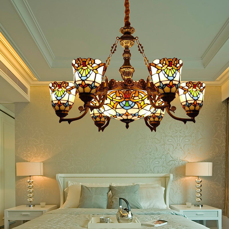 Baroque Style Chandeliers for Dining Room Art Glass Hanging Fixture with Curved/Straight Arm and Dome Shade Clearhalo 'Ceiling Lights' 'Chandeliers' 'Close To Ceiling Lights' 'Industrial' 'Middle Century Chandeliers' 'Tiffany Chandeliers' 'Tiffany close to ceiling' 'Tiffany' Lighting' 171536