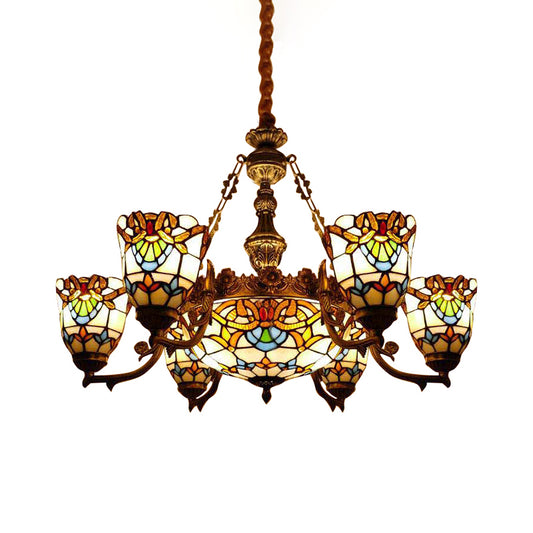 Baroque Style Chandeliers for Dining Room Art Glass Hanging Fixture with Curved/Straight Arm and Dome Shade Clearhalo 'Ceiling Lights' 'Chandeliers' 'Close To Ceiling Lights' 'Industrial' 'Middle Century Chandeliers' 'Tiffany Chandeliers' 'Tiffany close to ceiling' 'Tiffany' Lighting' 171537