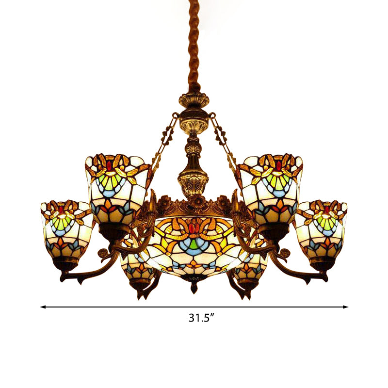 Baroque Style Chandeliers for Dining Room Art Glass Hanging Fixture with Curved/Straight Arm and Dome Shade Clearhalo 'Ceiling Lights' 'Chandeliers' 'Close To Ceiling Lights' 'Industrial' 'Middle Century Chandeliers' 'Tiffany Chandeliers' 'Tiffany close to ceiling' 'Tiffany' Lighting' 171538