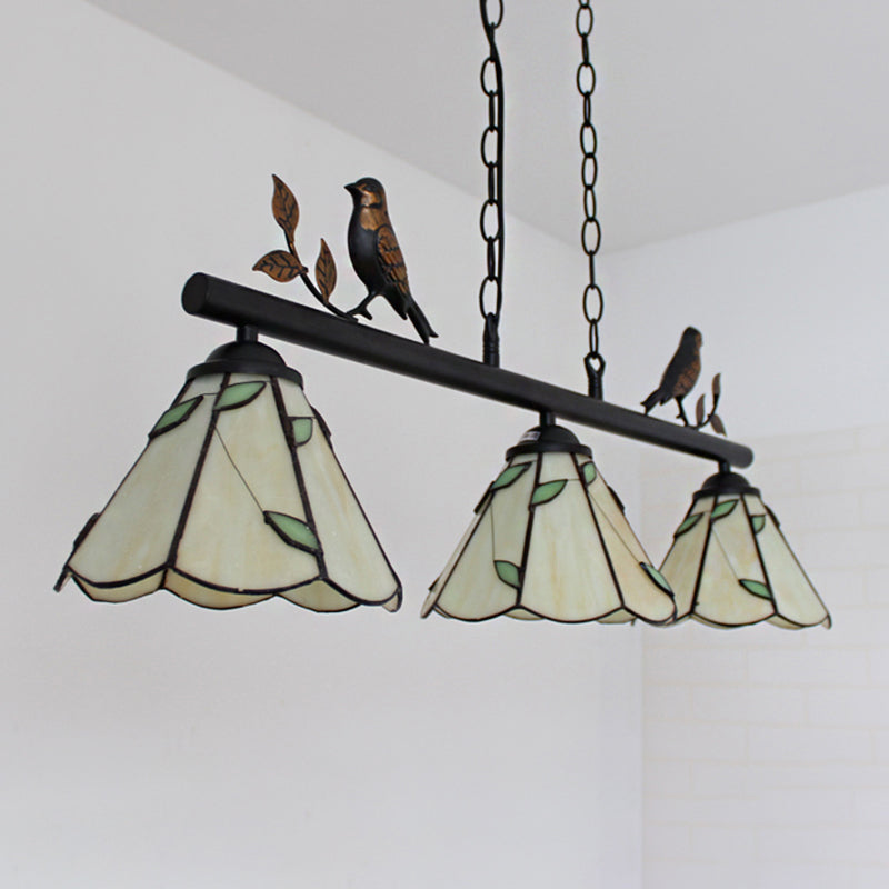 Cone Stainless Glass Island Lighting Tiffany Stylish 3 Lights Beige Island Chandelier Light with Bird Accent Clearhalo 'Ceiling Lights' 'Chandeliers' 'Close To Ceiling Lights' 'Glass shade' 'Glass' 'Island Lights' 'Tiffany close to ceiling' 'Tiffany' Lighting' 171553