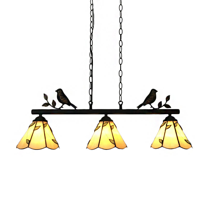 Cone Stainless Glass Island Lighting Tiffany Stylish 3 Lights Beige Island Chandelier Light with Bird Accent Clearhalo 'Ceiling Lights' 'Chandeliers' 'Close To Ceiling Lights' 'Glass shade' 'Glass' 'Island Lights' 'Tiffany close to ceiling' 'Tiffany' Lighting' 171554