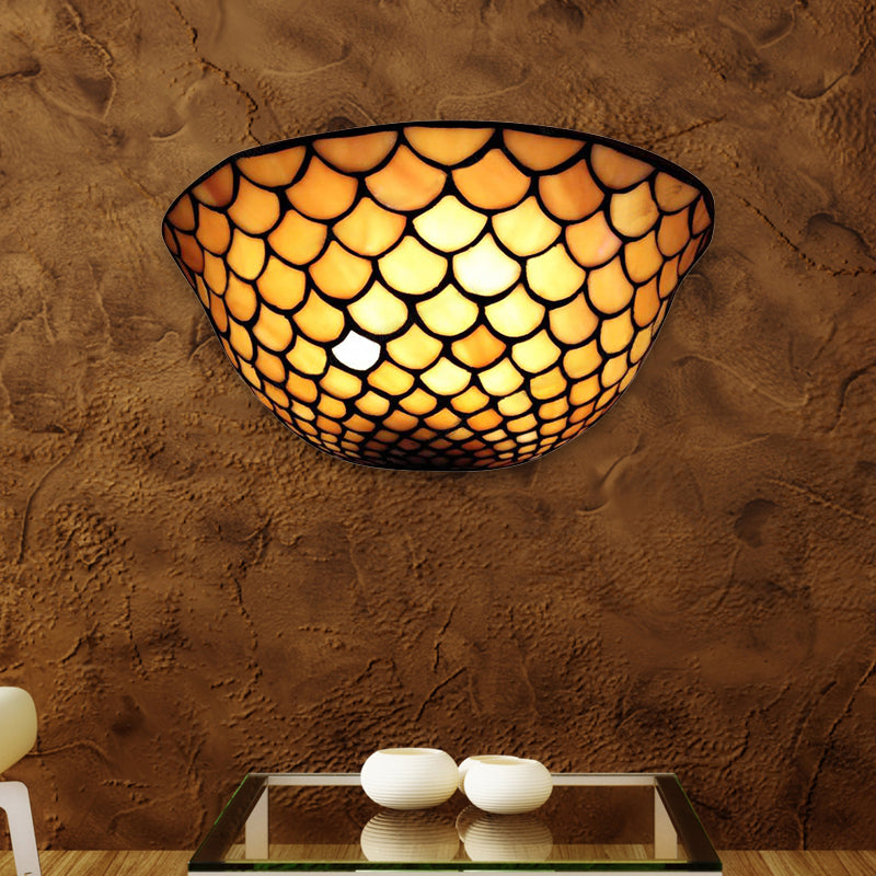 Fish Scale Sconce Lighting Beige Glass 2 Lights Traditional Wall Mount Light for Staircase Clearhalo 'Industrial' 'Middle century wall lights' 'Tiffany wall lights' 'Tiffany' 'Wall Lamps & Sconces' 'Wall Lights' Lighting' 171558