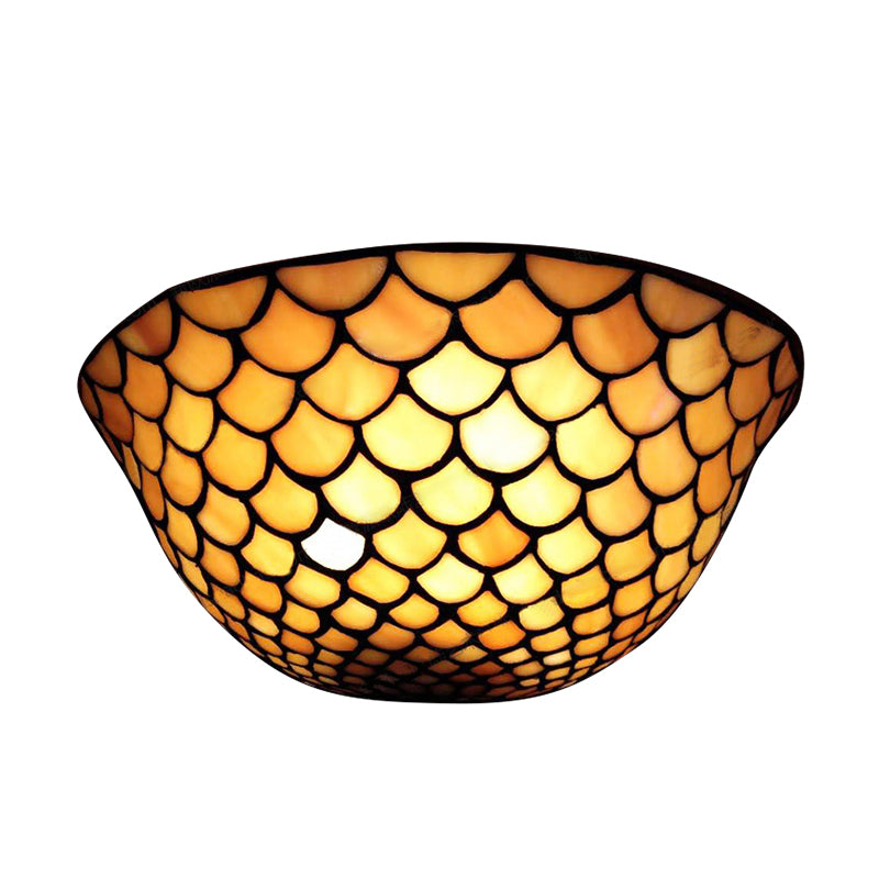 Fish Scale Sconce Lighting Beige Glass 2 Lights Traditional Wall Mount Light for Staircase Clearhalo 'Industrial' 'Middle century wall lights' 'Tiffany wall lights' 'Tiffany' 'Wall Lamps & Sconces' 'Wall Lights' Lighting' 171559
