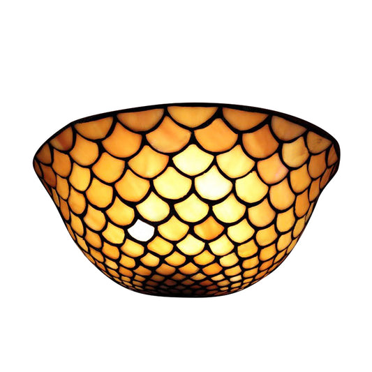 Fish Scale Sconce Lighting Beige Glass 2 Lights Traditional Wall Mount Light for Staircase Clearhalo 'Industrial' 'Middle century wall lights' 'Tiffany wall lights' 'Tiffany' 'Wall Lamps & Sconces' 'Wall Lights' Lighting' 171559