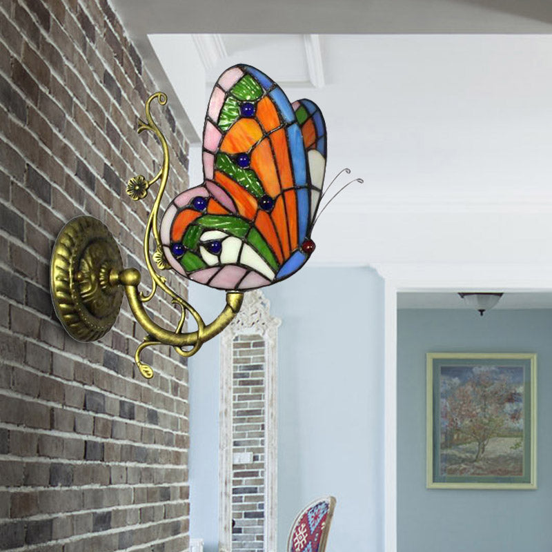 1 Light Mini Wall Sconce with Butterfly Rustic Loft Style Stained Glass Wall Mount Light in Blue/Orange Clearhalo 'Industrial' 'Middle century wall lights' 'Tiffany wall lights' 'Tiffany' 'Wall Lamps & Sconces' 'Wall Lights' Lighting' 171562