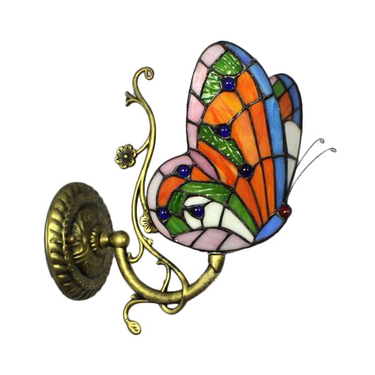 1 Light Mini Wall Sconce with Butterfly Rustic Loft Style Stained Glass Wall Mount Light in Blue/Orange Clearhalo 'Industrial' 'Middle century wall lights' 'Tiffany wall lights' 'Tiffany' 'Wall Lamps & Sconces' 'Wall Lights' Lighting' 171563
