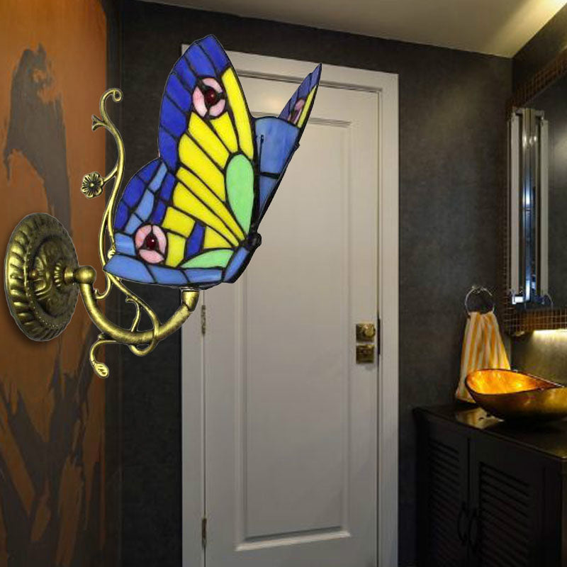 1 Light Mini Wall Sconce with Butterfly Rustic Loft Style Stained Glass Wall Mount Light in Blue/Orange Blue Clearhalo 'Industrial' 'Middle century wall lights' 'Tiffany wall lights' 'Tiffany' 'Wall Lamps & Sconces' 'Wall Lights' Lighting' 171565