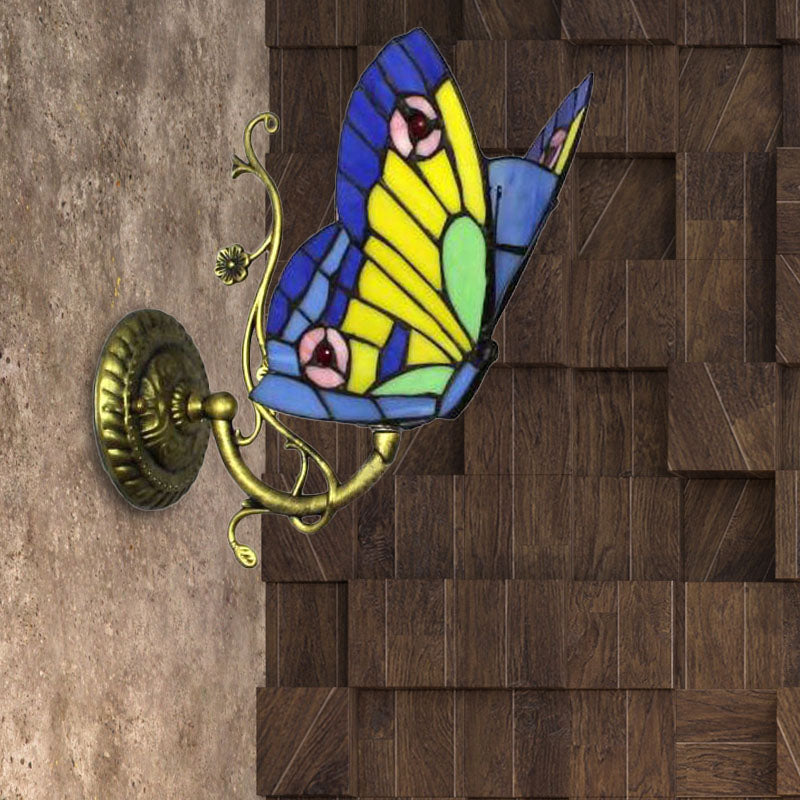 1 Light Mini Wall Sconce with Butterfly Rustic Loft Style Stained Glass Wall Mount Light in Blue/Orange Clearhalo 'Industrial' 'Middle century wall lights' 'Tiffany wall lights' 'Tiffany' 'Wall Lamps & Sconces' 'Wall Lights' Lighting' 171566