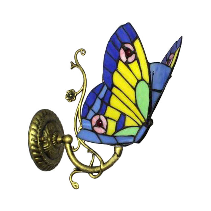 1 Light Mini Wall Sconce with Butterfly Rustic Loft Style Stained Glass Wall Mount Light in Blue/Orange Clearhalo 'Industrial' 'Middle century wall lights' 'Tiffany wall lights' 'Tiffany' 'Wall Lamps & Sconces' 'Wall Lights' Lighting' 171567