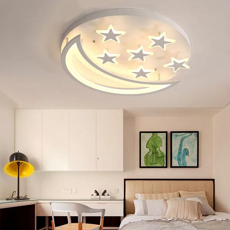 Metal Moon and Star Flush Ceiling Light Kid Bedroom Cartoon Ceiling Lamp in White Finish Clearhalo 'Ceiling Lights' 'Close To Ceiling Lights' 'Close to ceiling' 'Flush mount' Lighting' 171570