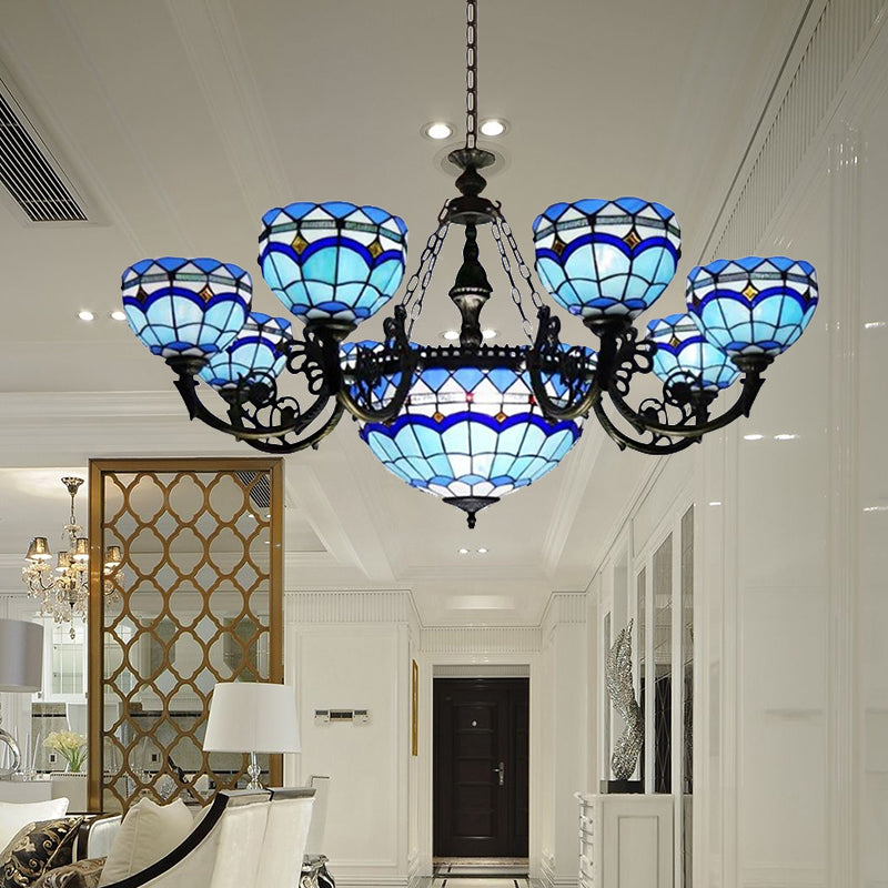 Stained Glass Chandelier Baroque, Dome Pendant Light Fixture with Jewel Decoration for Living Room Blue Clearhalo 'Ceiling Lights' 'Chandeliers' 'Industrial' 'Middle Century Chandeliers' 'Pendant Lights' 'Tiffany Chandeliers' 'Tiffany close to ceiling' 'Tiffany' Lighting' 171582