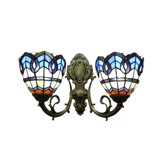 Baroque Dome Wall Lamp with Curved Arm 2 Lights Blue Glass Shade Sconce Lighting for Bedroom Clearhalo 'Industrial' 'Middle century wall lights' 'Tiffany wall lights' 'Tiffany' 'Wall Lamps & Sconces' 'Wall Lights' Lighting' 171588