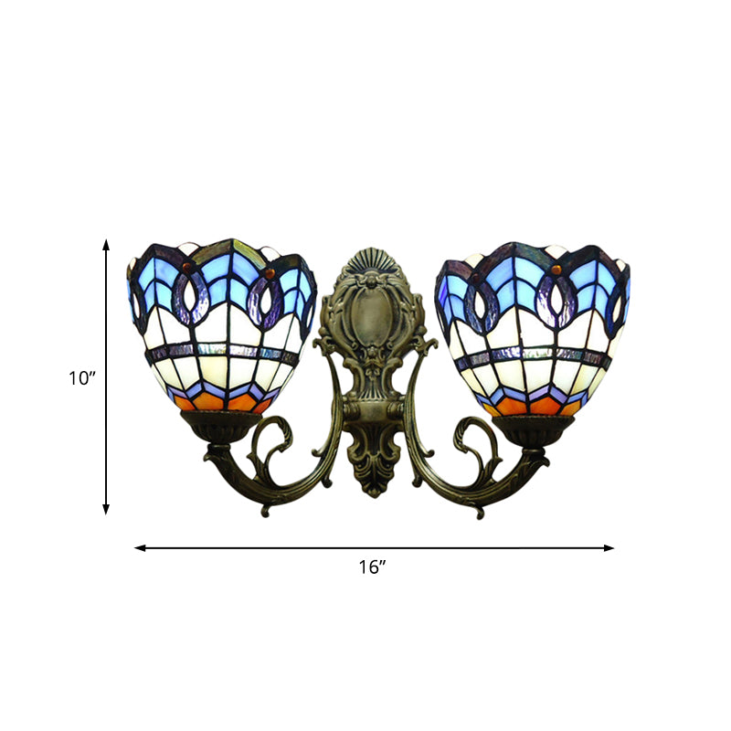 Baroque Dome Wall Lamp with Curved Arm 2 Lights Blue Glass Shade Sconce Lighting for Bedroom Clearhalo 'Industrial' 'Middle century wall lights' 'Tiffany wall lights' 'Tiffany' 'Wall Lamps & Sconces' 'Wall Lights' Lighting' 171589