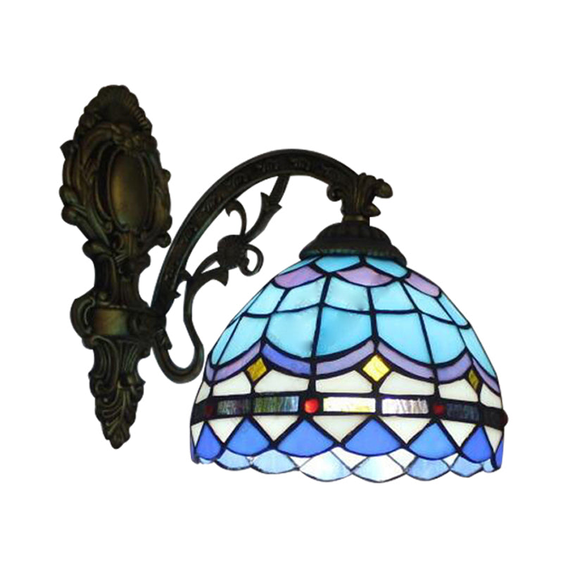 Dome Wall Light Fixture Baroque Stained Glass 1 Head Wall Mount Light in Blue for Bedroom Clearhalo 'Industrial' 'Middle century wall lights' 'Tiffany wall lights' 'Tiffany' 'Wall Lamps & Sconces' 'Wall Lights' Lighting' 171597